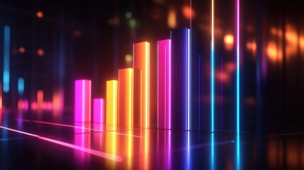 Fototapeta premium A stylized D bar graph rising from a reflective surface with bright neon lighting, perfect for a tech-themed graphic.