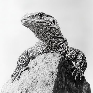 Monitor lizard basking on a textured rock in a serene natural setting captured in pencil drawing