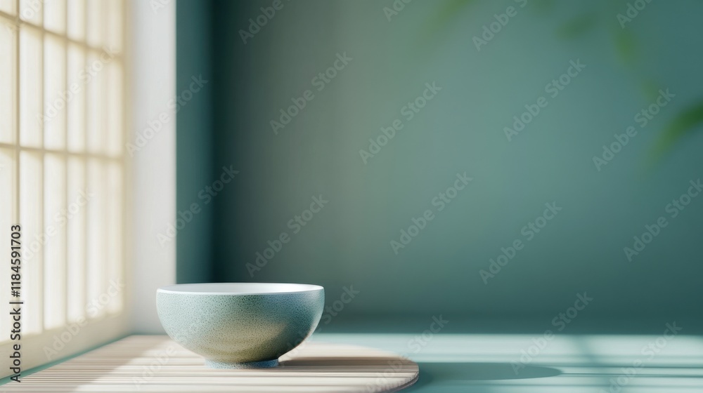 Poster minimalist bowl on a wooden tray with soft gray and teal gradient background in a serene setting