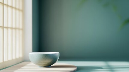 Minimalist bowl on a wooden tray with soft gray and teal gradient background in a serene setting