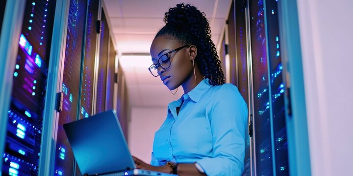 Focused African American woman in blue shirt working on laptop in data center.