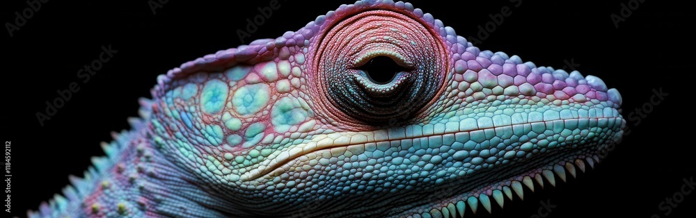 Poster macro view of a chameleon showcasing vibrant colors, textured skin, and unique features in a strikin