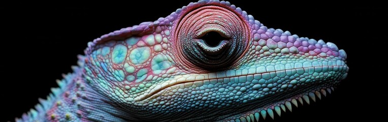 Fototapeta premium Macro view of a chameleon showcasing vibrant colors, textured skin, and unique features in a striking composition
