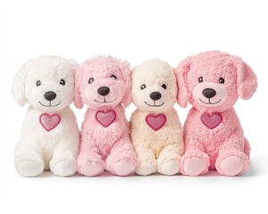 A collection of four adorable plush dog toys in white, pink, and cream, each featuring a heart design, perfect for children and collectors.