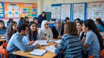 A diverse group of students engaged in a collaborative discussion in a classroom setting.