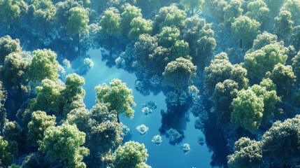 Naklejka premium Breathtaking aerial view of a sparkling crystal forest under a blue sky.