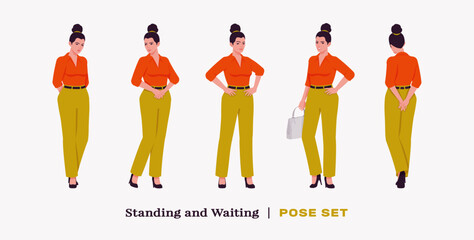 Modern businesswoman stand, wait pose set. Business lady in high waisted pants, loose office work long trousers with belt, attractive classy blouse female model. Vector flat style cartoon illustration