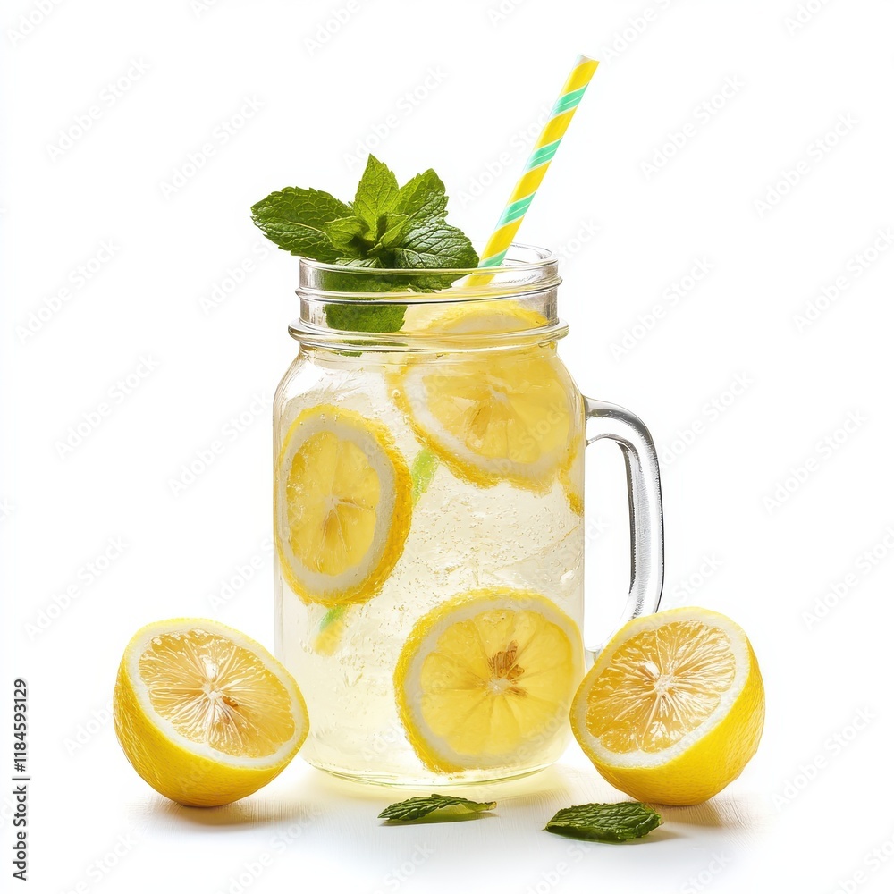 Poster refreshing lemonade in a glass mason jar with mint and lemon slices on a white backdrop