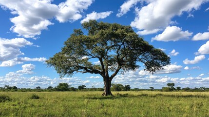 Fototapeta premium A tree growing tall and strong in the middle of a field, surrounded by green grass and blue skies.