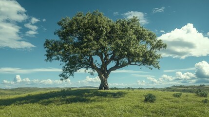 Obraz premium A tree growing tall and strong in the middle of a field, surrounded by green grass and blue skies.