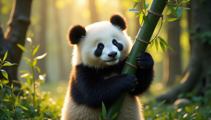 Obraz premium Playful giant panda hugging bamboo stalk in tranquil bamboo forest, soft sunlight, adorable wildlife moment, copy space 