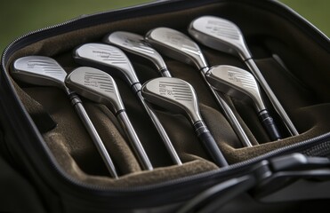 A set of golf clubs are in a case