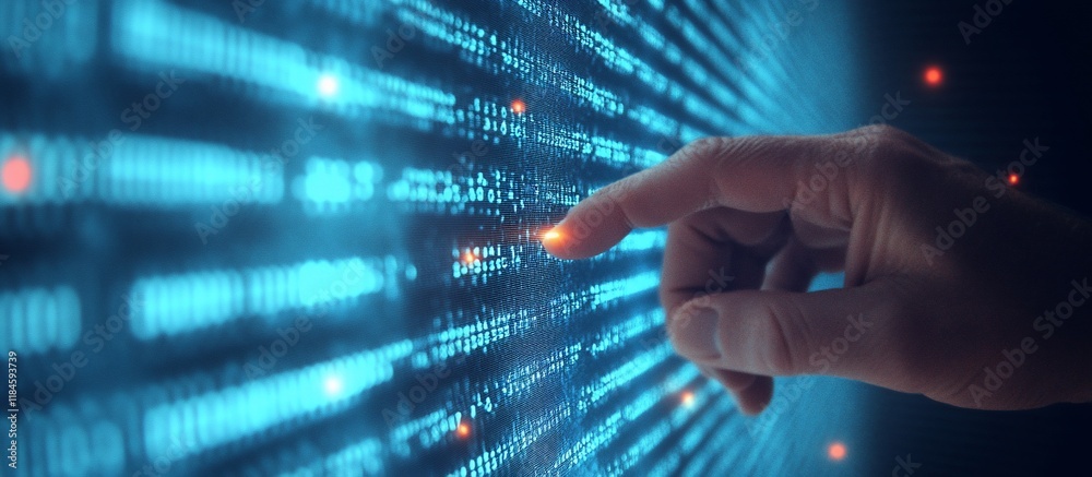 Wall mural fingertip interacts with a futuristic digital interface showing lines of glowing blue code.
