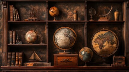 Antique globes, books, and nautical objects arranged on a dark wooden shelf.