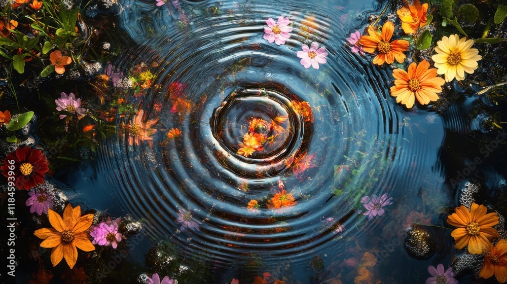 Aufkleber Vivid ripples create a mesmerizing pattern in a puddle surrounded by vibrant spring flowers in full bloom