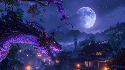 Obraz premium A fierce dragon with iridescent scales flying over a village lit by an eerie moonlight, its shadow looming over the rooftops 