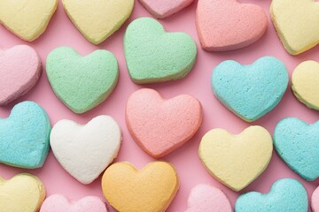 Obraz premium Colorful heart-shaped candies arranged on a pink background, perfect for celebrations and expressing affection.