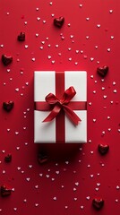 Fototapeta premium White gift box with red ribbon surrounded by tiny heart decorations on a red background, perfect for Valentine's Day.