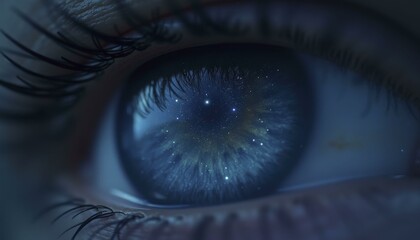 Close up of eye reflecting peaceful, starry night sky with constellations