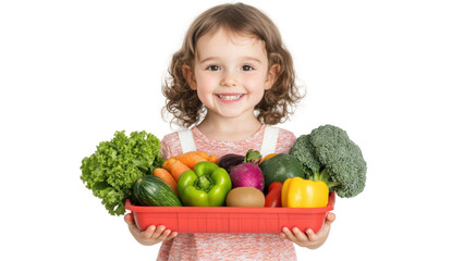 Fresh vegetables and fruits in basket held by smiling girl