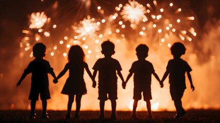 Children Watching Fireworks at Night
