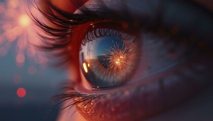 Close up of human eye reflecting vibrant fireworks bursting in the sky