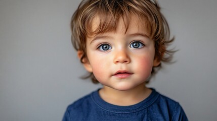 Naklejka premium Portrait of a toddler with blue eyes and rosy cheeks, looking directly at the camera.