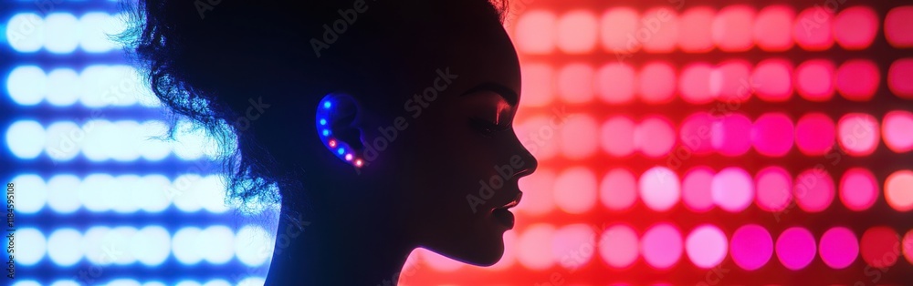 Poster woman illuminated by glowing led patterns with futuristic screens radiating innovation and creativit