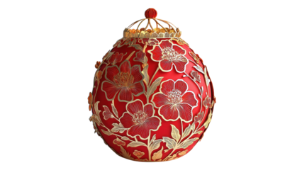 Elegant red decorative ornament with intricate gold floral designs