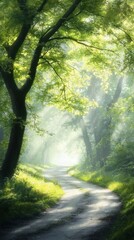 Naklejka premium Enchanting Forest Path Bathed in Ethereal Light and Mist
