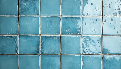 Close-up of blue ceramic tiles with visible water droplets, showcasing texture and color variation for design and decor use.