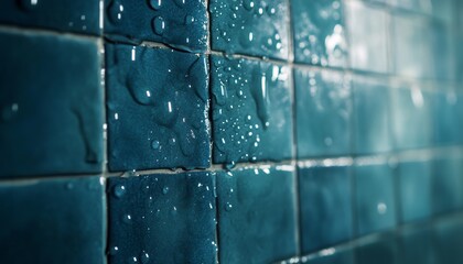 Close-up of a wet blue tiled wall with water droplets, showcasing texture and light reflections, perfect for bathroom design inspiration.