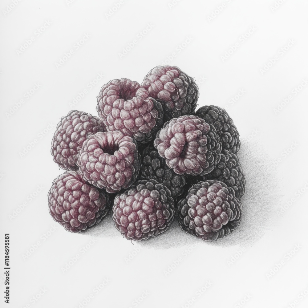 Aufkleber cluster of raspberries illustrated in pencil showcasing their textured surface in a vibrant and real