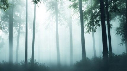 Obraz premium Misty Morning in a Dense Forest with Individual Silhouetted Amidst Tall Trees and a Mysterious Atmosphere of Nature's Tranquility
