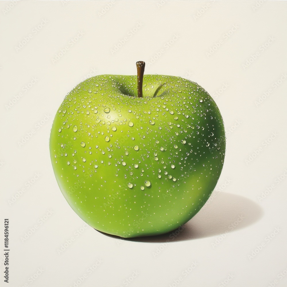 Aufkleber bright green apple with water droplets resting on a smooth white surface in a simple and clean setti
