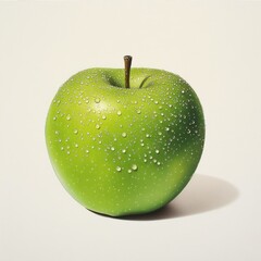 Bright green apple with water droplets resting on a smooth white surface in a simple and clean setting