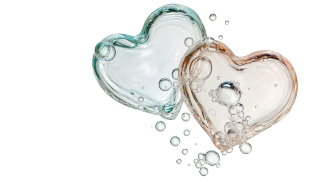 Transparent heart shapes with bubbles create romantic atmosphere