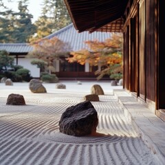 Tranquil Zen Garden at Japanese Temple in Autumn Scenery