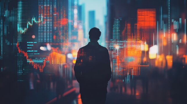 Bold trader silhouette surrounded by dynamic stock market data in an urban setting