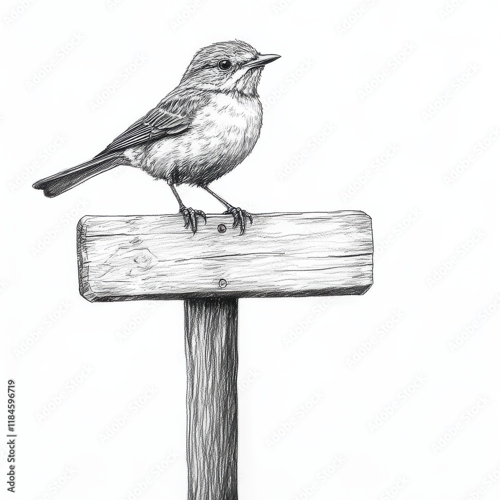 Aufkleber bird perched on a wooden signpost sketched in pencil on a white background capturing a tranquil mome