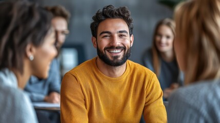 Obraz premium Happy diverse men and women in circle, smiling man talking to group, modern office ambiance, gray copy space wall perfect for banner.