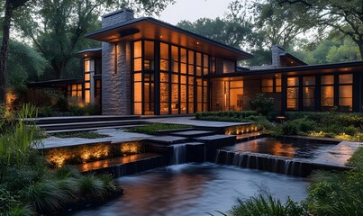 Fototapeta premium contemporary home surrounded by meticulously designed landscaping