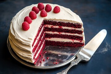 A luxurious red velvet and raspberry layer cake, elegantly frosted and served on a vintage silver cake server.