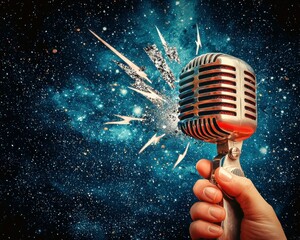 A hand holds a vintage microphone against a cosmic backdrop, symbolizing creativity.