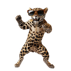 Naklejka premium Playful Jaguar Dancing in Large Sunglasses with a Fun and Energetic Expression