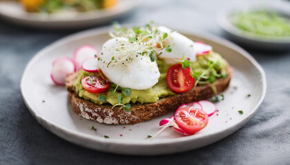 Avocado toast with poached eggs, fresh cherry tomato, radish and microgreen. Tasty and healthy food