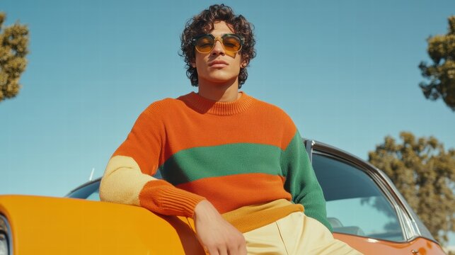 Stylish man in bold color-blocked sweater sitting next to a classic car on a sunny day, showcasing modern fashion and vibrant hues.