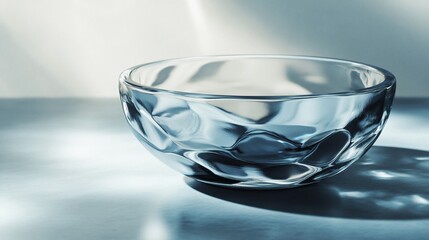 Empty, sculpted glass bowl on light background.