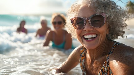 Obraz premium Happy senior friends playing together at the beach, smiling and enjoying the sunny day, making memories in the sand and surf.