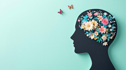 Cardboard silhouette of human head decorated with flowers and butterfly on mint background World mental health day concept Vertical banner Copy space : Generative AI